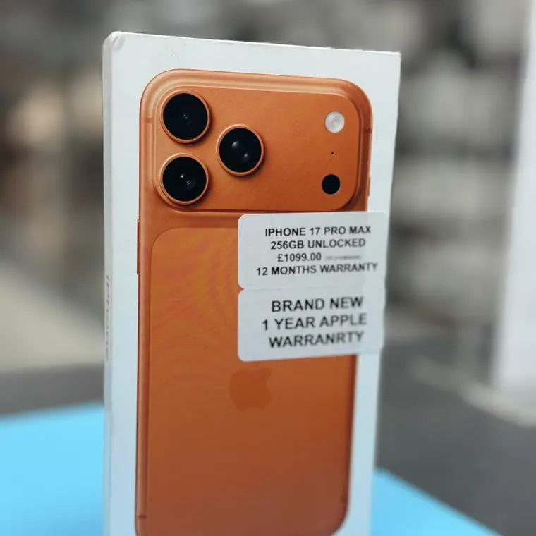 Sealed iPhone 17 Pro Max in Cosmic Orange on the Tech Tronex counter